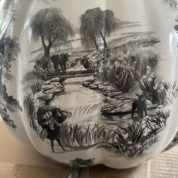 Mackenzie Childs NY Estate Black Toile Pumpkin Gold Stem 11" Rare Autumn Decor - Picture 5 of 11